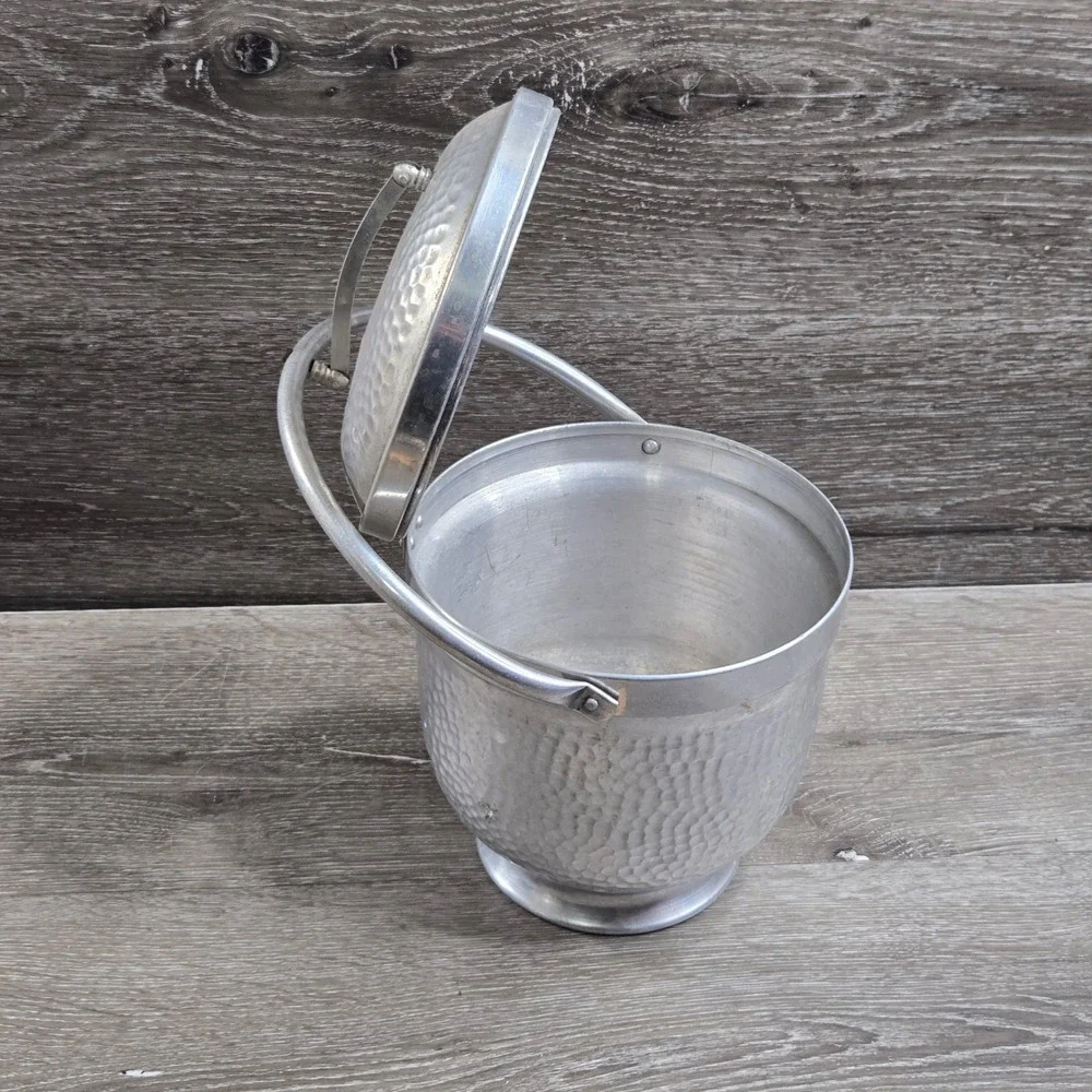 Vintage Mid Century Hammered Aluminum Lidded Ice Bucket with Handle Italy